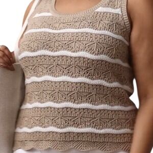 LC Lauren Conrad Sweater‎ Tank 4X Plus Pointelle Knit Scoopneck Tan White Stripe